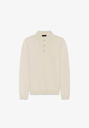 Beige Polohemd mit langen Ärmeln aus weichem Stoff, mit spitzem Kragen, Drei-Knopf-Blende und gerippten Bündchen. Keine Muster oder Akzente.