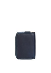 Portafoglio in pelle blu navy mostrato in posizione verticale, con chiusura a zip e cuciture visibili lungo i bordi. Design semplice e compatto.