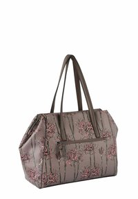 Sac à main marron clair avec imprimé floral en rose et vert. Dispose de deux poignées solides et d'une poche avant zippée. Fabriqué en matériau synthétique texturé.