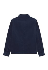 Marineblaues Cordjackett mit Kragen, langen Ärmeln und geknöpften Manschetten. Verfügt über vertikale Rippung und einen geraden Schnitt ohne sichtbare Nähte.