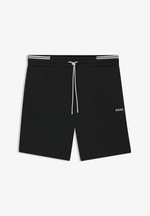 Pantalones cortos deportivos negros con cintura ajustable mediante cordón. Con dos bolsillos frontales y un pequeño logo gris de "BOSS" en la pierna izquierda. Detalle de cintura a rayas.