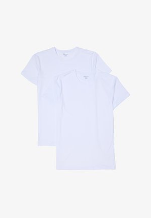 Deux t-shirts blancs unis à manches courtes et col rond superposés, vue de face sur fond blanc.