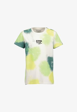 T-shirt bianca a maniche corte con motivi di schizzi di vernice verde, gialla e teal e testo "FRSTYL" sul petto.
