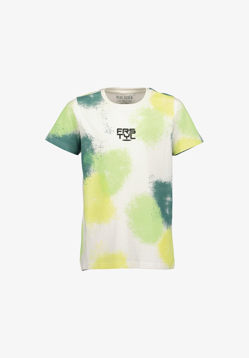 T-shirt blanc à manches courtes avec des motifs de éclaboussures de peinture verte, jaune et teal, et le texte "FRSTYL" sur la poitrine.