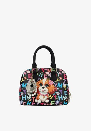 Sac à main noir avec des lettres colorées, un chien de dessin animé avec une fleur rose et un pendentif suspendu avec une perle et des strass.