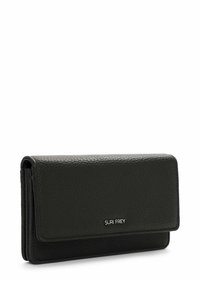 Black leather wallet with a textured finish, featuring a flap closure and silver logo detail. Compact, rectangular shape with a smooth edge.
