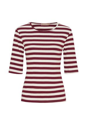Ribbede kortærmede top i maroon og creme farvede vandrette striber. Har en rund halsudskæring og en tætsiddende design.