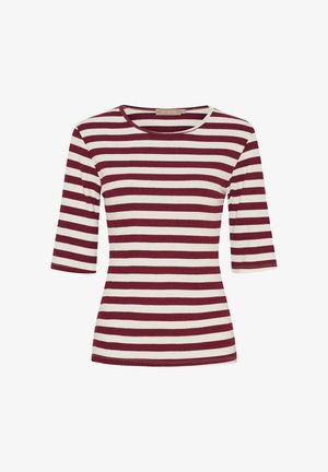 Ribbede kortærmede top i maroon og creme farvede vandrette striber. Har en rund halsudskæring og en tætsiddende design.