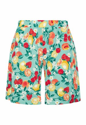 Lichtblauwe korte broek met een kleurrijk fruitpatroon inclusief aardbeien, kersen, sinaasappels, citroenen en witte bloesems.