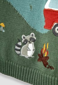 Grüner Strickstoff zeigt ein gesticktes Waschbärmotiv mit grauen und weißen Markierungen, umgeben von einem Feuer und bunten Pilzen.
