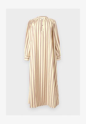 Φόρεμα μακρυμάνικο μέχρι τον αστράγαλο με κάθετες μπεζ και ανοιχτό καφέ ρίγες, γιακά με κουμπιά και σούρες στους ώμους και τις μανσέτες.