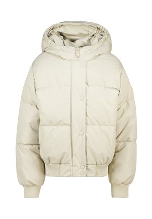 Giubbotto imbottito beige con cappuccio, chiusura frontale con zip e bottoni a pressione, polsini a costine e cuciture orizzontali trapuntate.