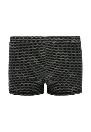 Black short swim trunks with a textured diamond pattern in dark green. Features a soft elastic waistband and short length.