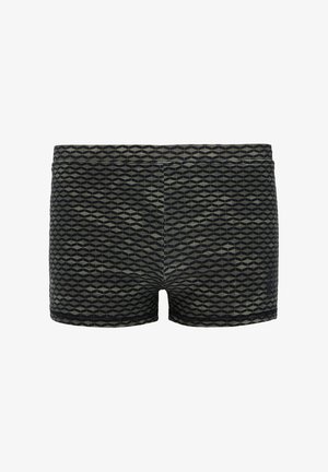 Zwarte korte zwemshorts met een gestructureerd ruitpatroon in donker groen. Heeft een zachte elastische tailleband en korte lengte.