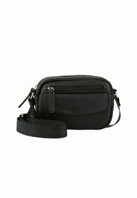 Mustast nahast rihmkott lukuga ees tasku, reguleeritava rihma, tekstuurse viimistluse ja rihmal oleva logoga.