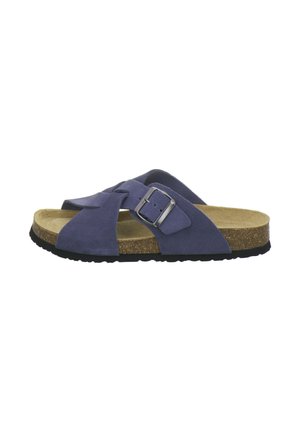 Blue suede slide sandal with cork footbed, adjustable metal buckle, and black textured sole.