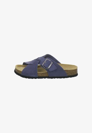 Blue suede slide sandal with cork footbed, adjustable metal buckle, and black textured sole.