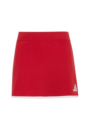 Jupe de sport rouge avec bordure blanche à l'ourlet et petit logo blanc Adidas en bas à droite.