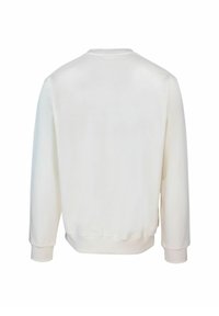 Felpa bianca con maniche lunghe, scollatura tonda, polsini e orlo a costine, realizzata in un tessuto liscio e morbido. Nessuna grafica o dettaglio visibile.