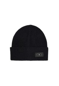 Berretto in maglia nera con texture a coste e bordo ripiegato. Presenta un'etichetta rettangolare nera con un logo sulla parte laterale.