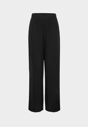 Pantaloni negri cu croială largă a picioarelor, talie elastică, material neted și croială lejeră, expuși pe un fundal simplu de culoare gri deschis.