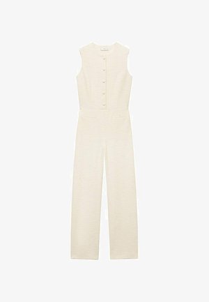 Cream-colored sleeveless jumpsuit crafted from textured fabric, featuring a buttoned front, wide legs, and structured silhouette.
