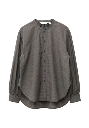 Skjorte med knapper foran og lange ærmer med små tern, rund krave og tætsiddende manchetter, vist fladt mod en hvid baggrund.