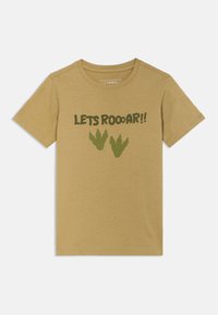 Κοντομάνικο t-shirt από βαμβάκι σε χρώμα άμμου με το κείμενο "LETS ROOOAR!!" και δύο αποτυπώματα δεινοσαύρων σε πράσινο χρώμα.
