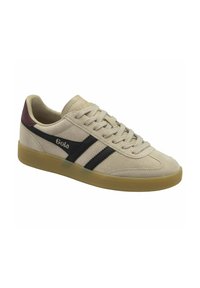 Beige suede sneaker with black stripes and a maroon accent heel. Features a textured finish and flexible gum rubber outsole. Gola branding visible.