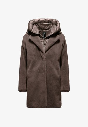 Brauner Fleece-Mantel mit einer gepolsterten, glänzenden braunen Kapuze und einem Reißverschluss vorne. Verfügt über eine lässige Silhouette und eine weiche Textur.