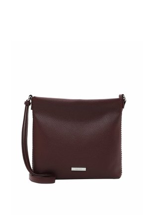 Dark brown leather crossbody bag with adjustable strap and small silver brand plaque on front against white background.