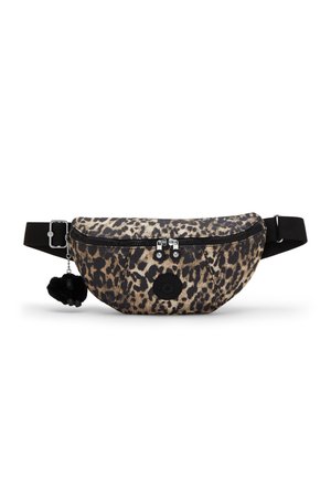 Leopardenmuster Bauchtasche mit schwarzem verstellbarem Riemen, doppeltem Reißverschluss und kleinem schwarzem pelzigem Schlüsselanhänger.