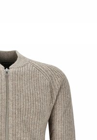 Knitted zip-up cardigan in light beige, featuring a ribbed texture and a fitted collar. Metal zipper closure at the front.
