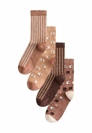 Set of four pairs of socks in brown and beige tones. Features houndstooth, sheep patterns, and scalloped tops; made of soft fabric.
