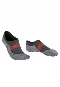 Sportieve sokken in donkergrijs met rode en blauwe accenten. Laag uitgesneden ontwerp, gladde textuur, verstevigde hiel en teen, en een gestreepte band.