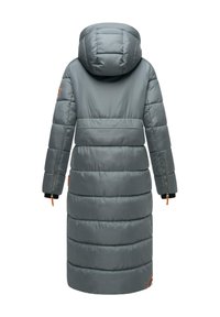 Gray puffer coat with a hood, long length, vertical quilted design, and orange hardware accents on sleeve zippers. Smooth texture.