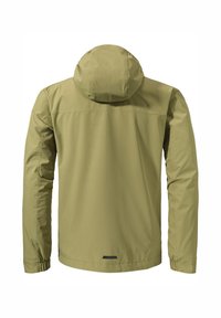 Grüne wasserdichte Jacke mit Kapuze, die eine glatte, matte Textur, elastische Bündchen und einen subtilen schwarzen Akzent am Saum aufweist.