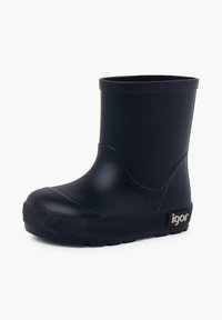 Botte de pluie en caoutchouc noire avec une finition lisse, un bout rond et une semelle texturée ; présente un accent de marque sur le côté.
