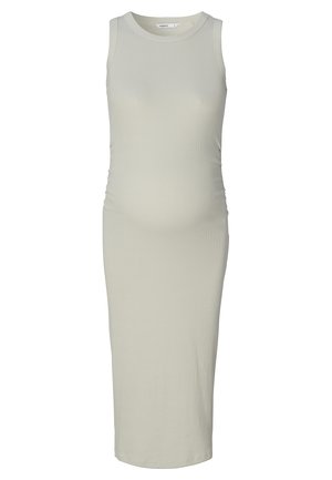 Lichtgrijze, mouwloze zwangerschapsjurk van geribde stof, met een aansluitend ontwerp en zijschoentjes voor een verstelbare pasvorm en comfort. Lengte tot de knie.