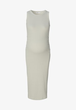 Lichtgrijze, mouwloze zwangerschapsjurk van geribde stof, met een aansluitend ontwerp en zijschoentjes voor een verstelbare pasvorm en comfort. Lengte tot de knie.