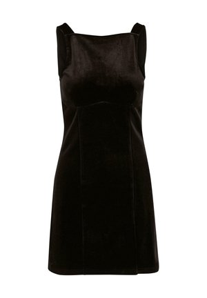 Vestido mini de terciopelo negro con escote cuadrado, tirantes anchos y silueta ajustada. Textura suave con un brillo lustroso y costuras mínimas.