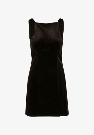 Zwart fluwelen mini-jurk met een vierkante halslijn, brede schouderbanden en een aansluitende silhouet. Gladde textuur met een glanzende afwerking en minimale naden.