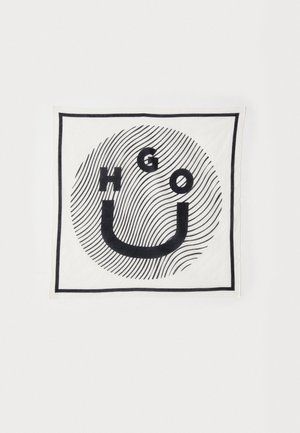 Cotton scarf featuring a bold black graphic design with the letters "HGO" and "U" on a white background, bordered with a black line.