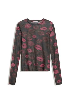 Maglia a maniche lunghe in materiale trasparente nero, caratterizzata da un motivo stampato con labbra rosse ripetute. Collo arrotondato e design aderente.