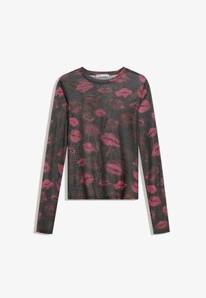 Dolga majica iz prozorne črne tkanine, z večkratnim vzorcem rdečih ustnic. Okrogel izrez in prilegajoč dizajn.