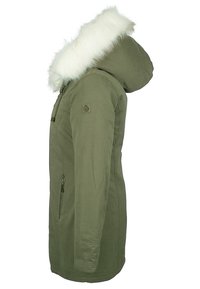 Olivegrøn parka med en hætte foret med faux pels, lynlås foran og sidelommer; har en strømlinet silhuet og tekstureret stof.