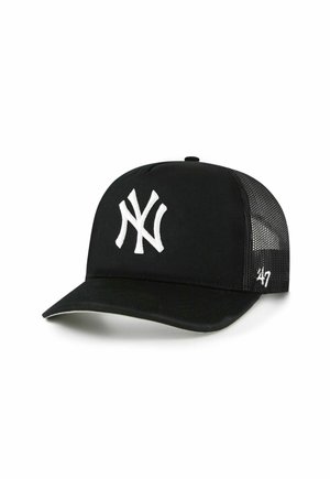 Schwarze Baseballkappe mit weißem New York Yankees-Logo vorne, Netzrückseite und '47 Brand-Logo an der Seite.