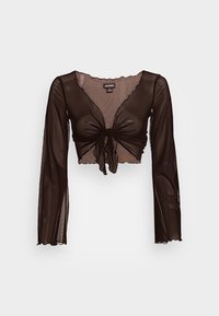 Czarny krótki top wykonany z przezroczystego materiału, z długimi rękawami, głębokim dekoltem w serek oraz ozdobnym wiązaniem z przodu. Falbany na krawędziach rękawów.