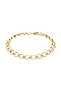 Goldfarbenes Armband mit abwechselnden runden und ovalen Gliedern, glatter Oberfläche und Karabinerverschluss. Leicht und elegantes Design.