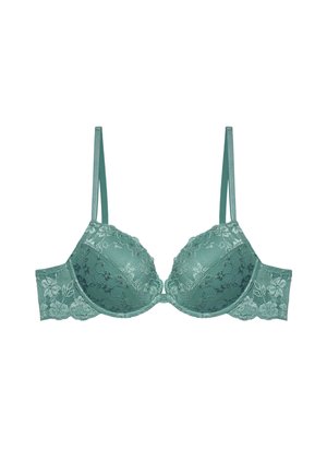 Kant beha in gedempt teal met gevormde cups, verstelbare bandjes en florale patroon details op de kant trim en band.